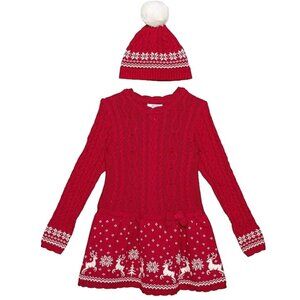 Mona Mouse Miss Girls Cable-Knit Sweater Dress and Beanie Set - Size  5 Crimson